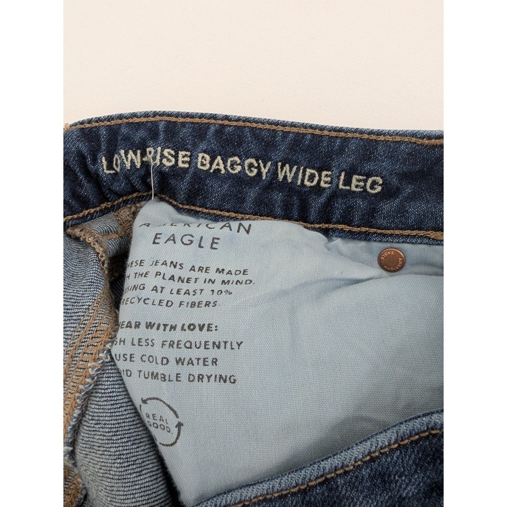 American Eagle Low Rise Baggy Wide Leg Jeans Blue Raw Hem Size 6 Regular Stretch - Picture 6 of 11